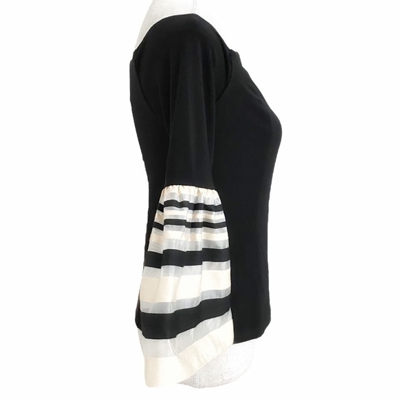 JOSEPH RIBKOFF BLACK BEIGE MESH TEE STRIPED BELL SLEEVE TOP - 8 - Picture 3 of 10